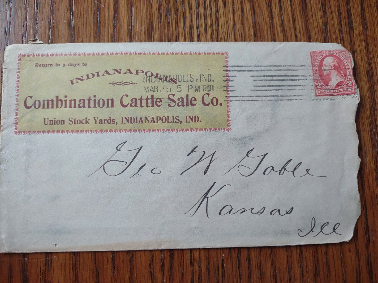 Vintage Envelope From 1901 Indianapolis Combination Cattle Sale Company