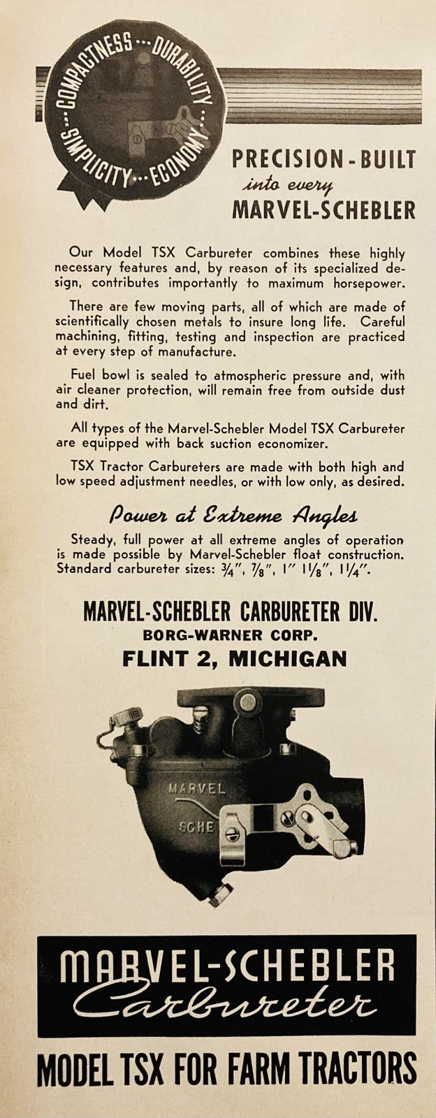 1944 AD.(PC5)~BORG-WARNER CO. FLINT, MI. MARVEL-SCHEBLER TRACTOR CARBURETORS