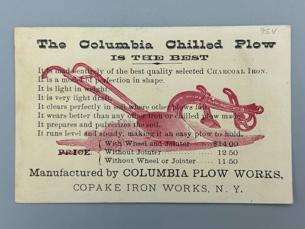 1880s COLUMBIA CHILLED PLOW Love Note FARM Advertising Trade Card COPAKE IRON NY