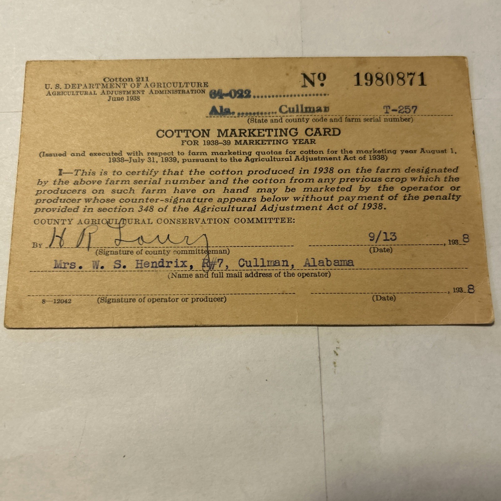 U S Department Of Agriculture Cotton Marketing Card Cullman Alabama 1938