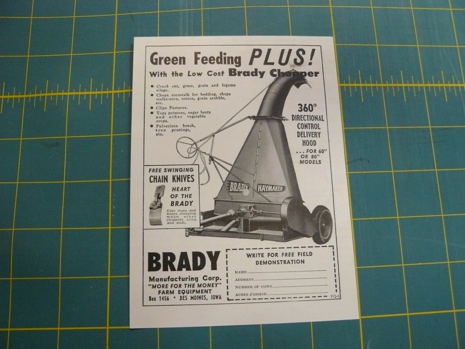 THE FARM QUARTERLY- SUMMER 1957-AD- BRADY CHOPPER 60 or 80&Prime; Mod/ Des Moines IOWA