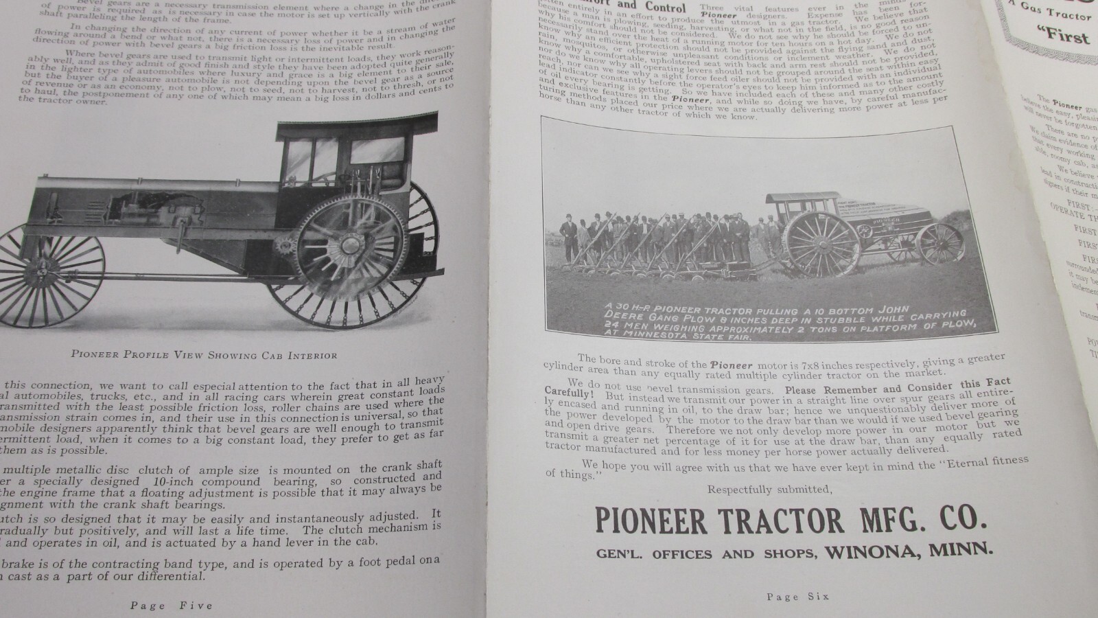 Old Antique Pioneer Tractor First In Gas Traction Sales Literature