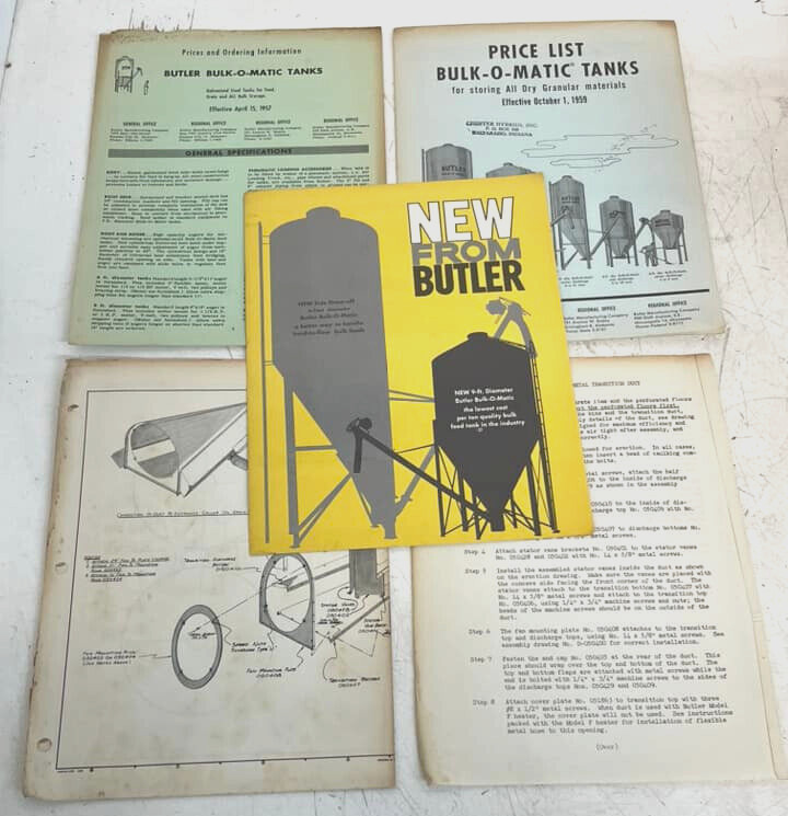 Vtg Butler Grain Bins Bulk O Matic Tanks Trans Duct Assembly Schematic Ad Bundle