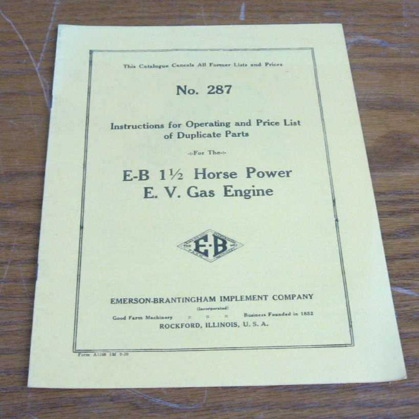 VINTAGE EMERSON BRANTINGHAM 1 1/2 HP E. V. GAS ENGINE OPERATOR MANUAL
