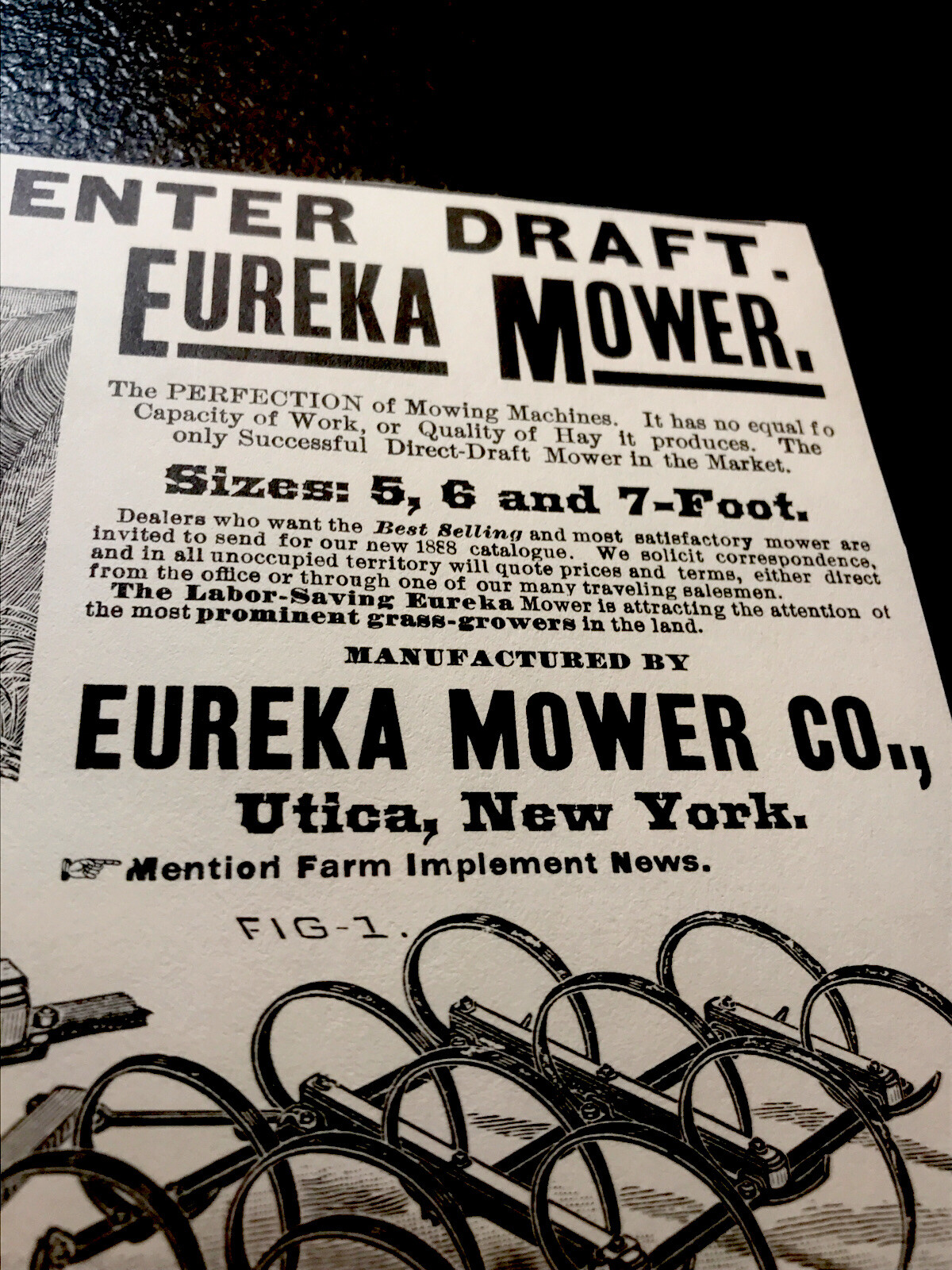 1889 Eureka Mower Co. Farm Machinery Advertising – Utica – New York
