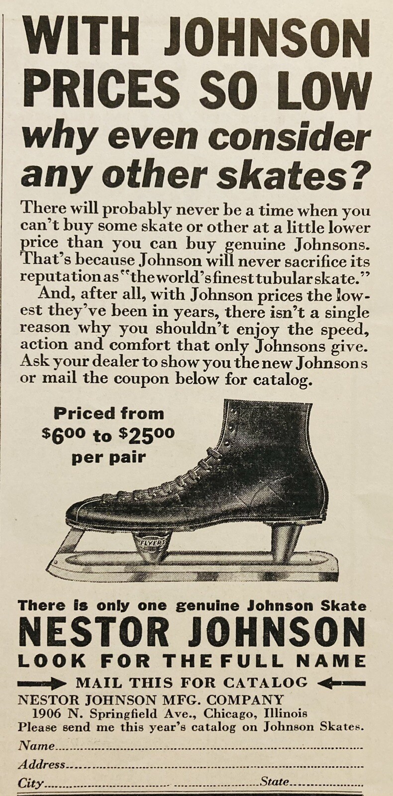 1933 AD.(XH82)~NESTOR JOHNSON MFG. CO. CHICAGO. JOHNSONS ICE SKATES