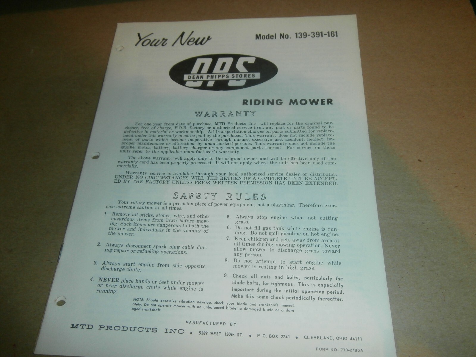 Vintage MTD Dean Phipps Stores Riding Mower Manual
