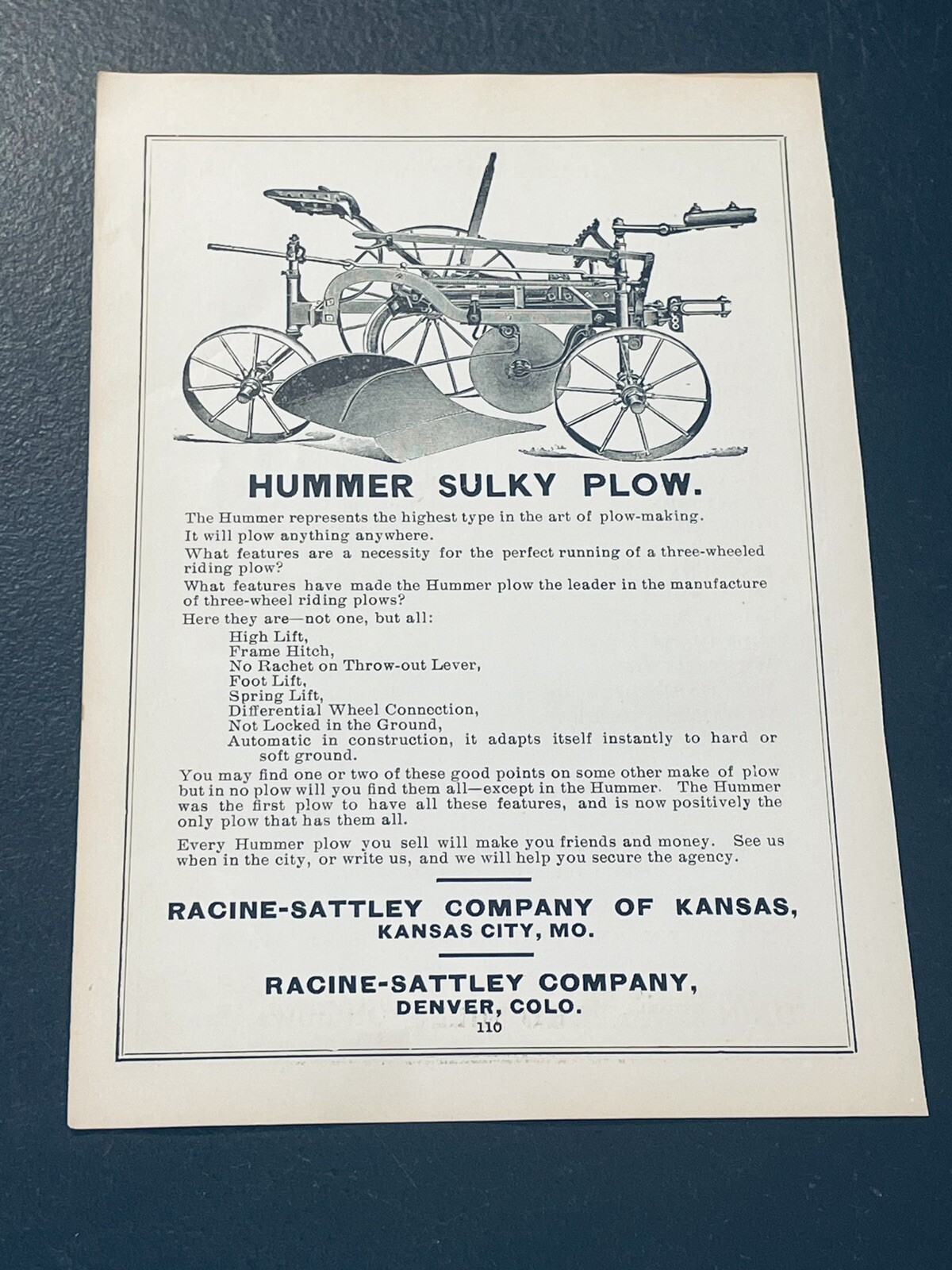 ORIGINAL 1907 Hummer Sulky Plow Farm Implement Advertising