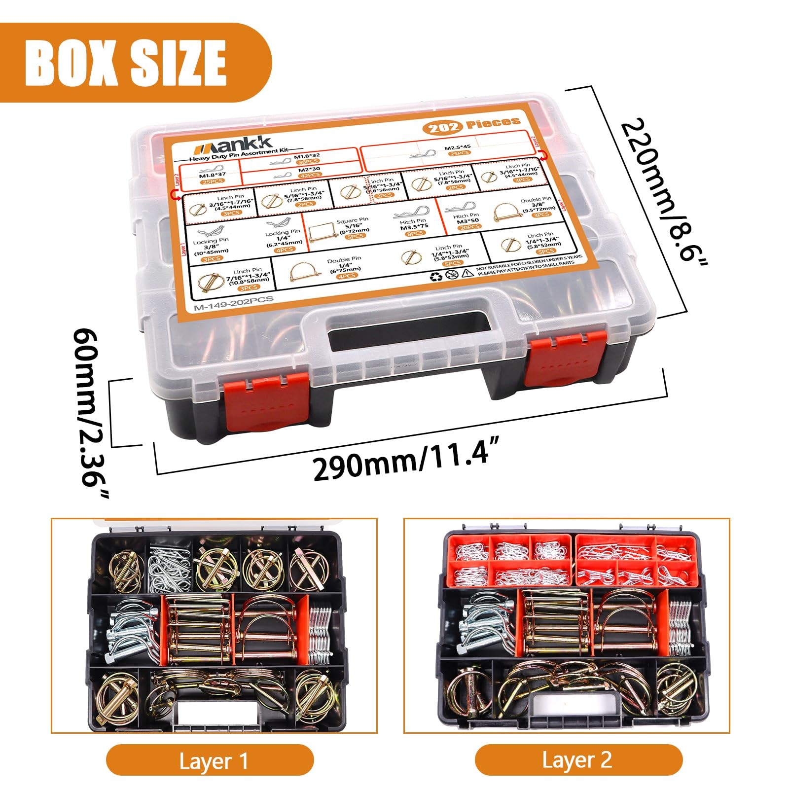 Mankk 202PCS Heavy Duty Hitch Pin Clip Assortment Kit Tractor, Linch, PTO, R…