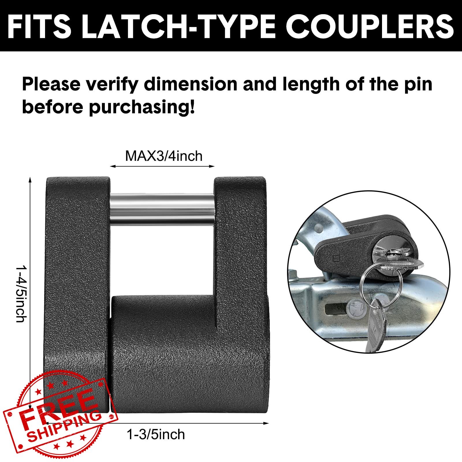 Chumia Trailer Hitch Lock 1/4&Prime; Dia 3/4&Prime; Span Black 1 Pack