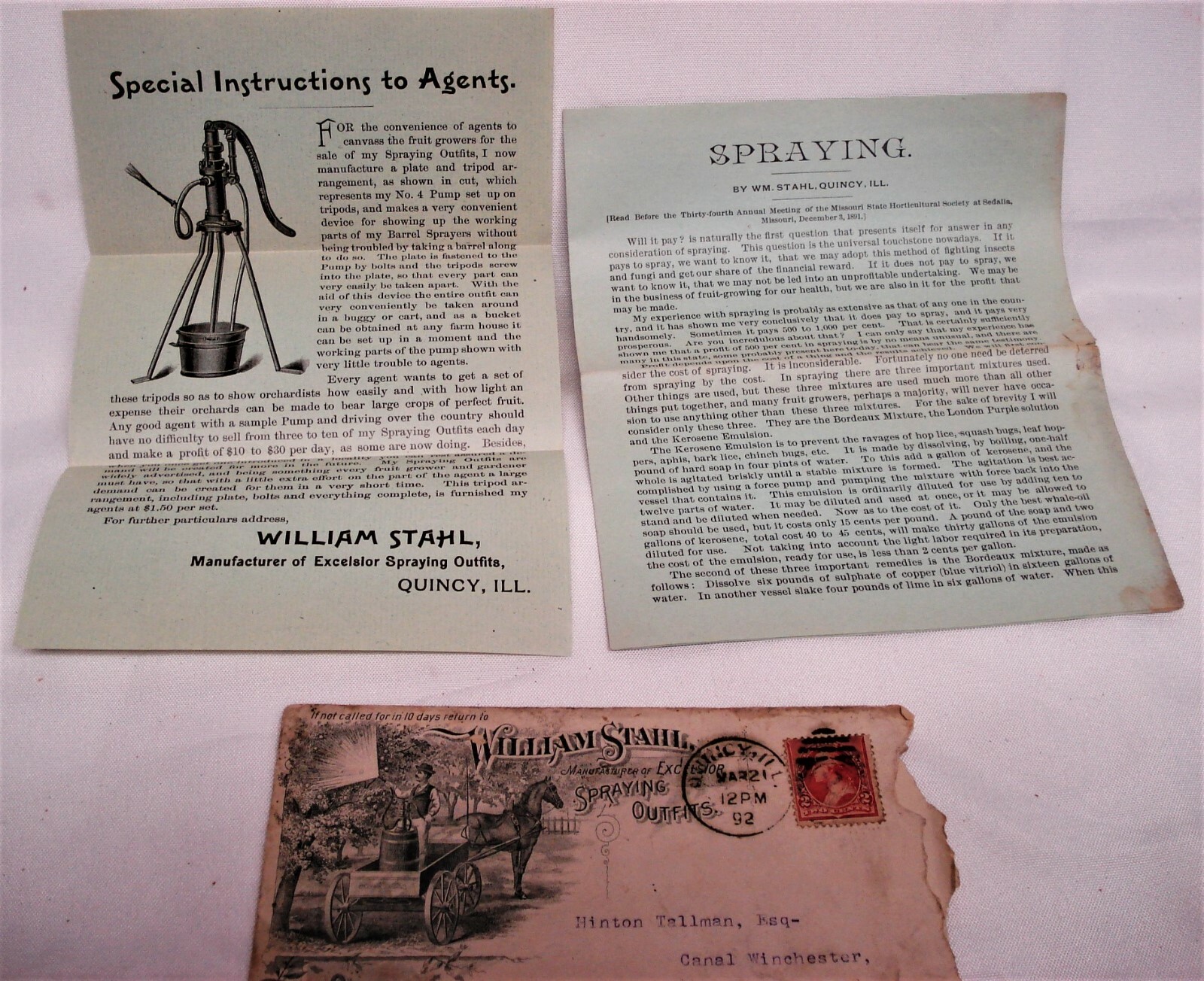 1892 WILLIAM STAHL EXCELSIOR FRUIT TREE SPRAYING EQUIPMENT SALES AGENT LETTER