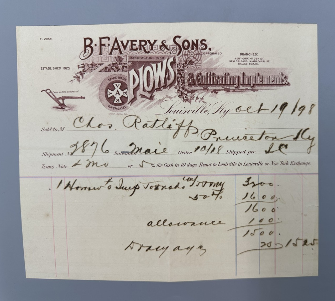 1898 BF AVERY PLOWS Antique Receipt Bill FARM Advertising LOUISVILLE KY