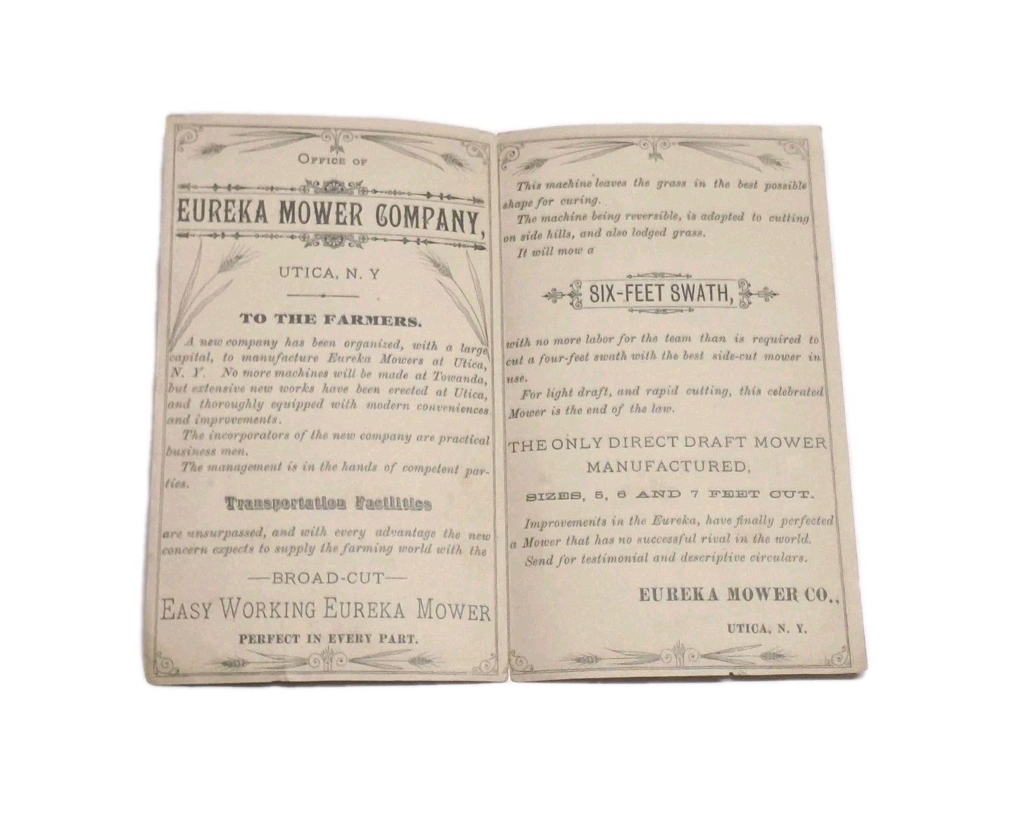 Eureka Mower Litho Advertising Trade Booklet 1880&rsquo;s Utica New York