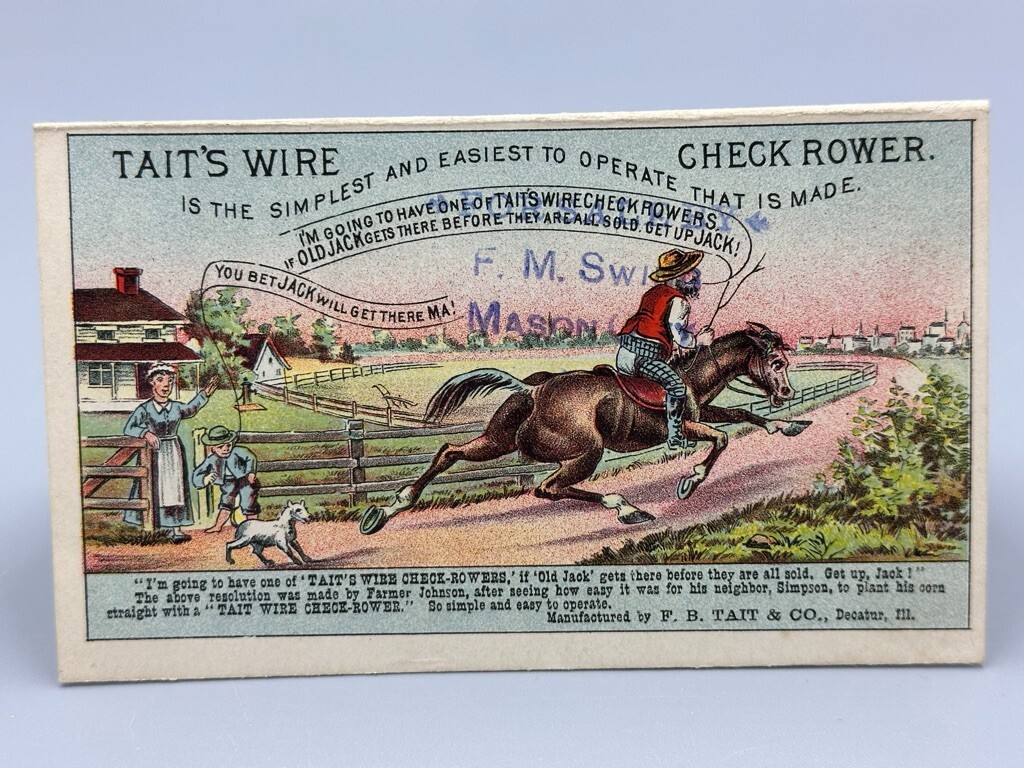 1880s TAITs WIRE Check Rower FARM Advertising Folding Trade Card DECATUR Ill