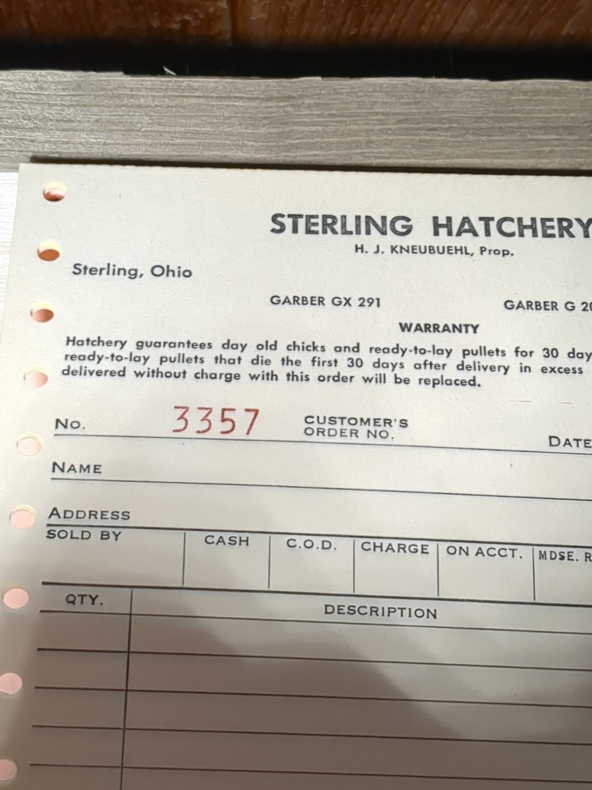 Sterling Hatchery Wayne County Ohio Kneubuehl Area Code 216 Receipts Invoice NOS