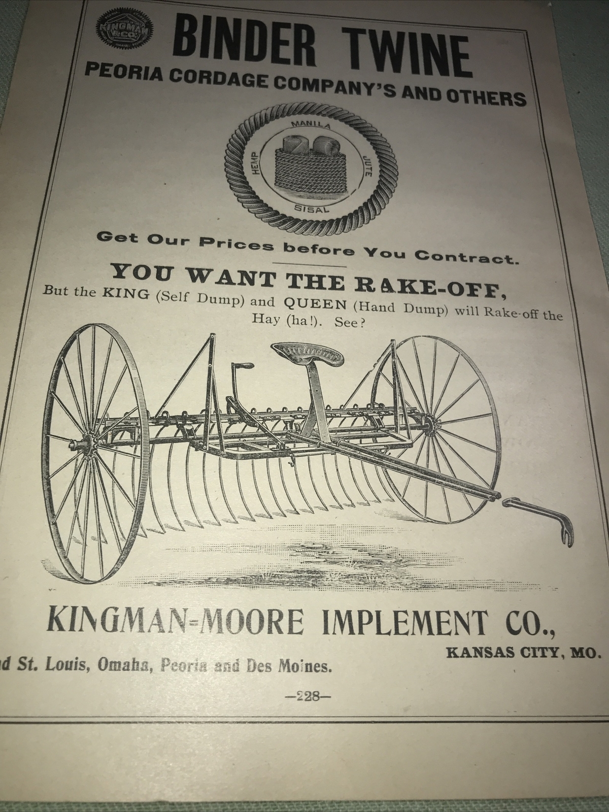 1898 Kingman Binder Twine & Rake Farm Advertising – Kansas City – Missouri
