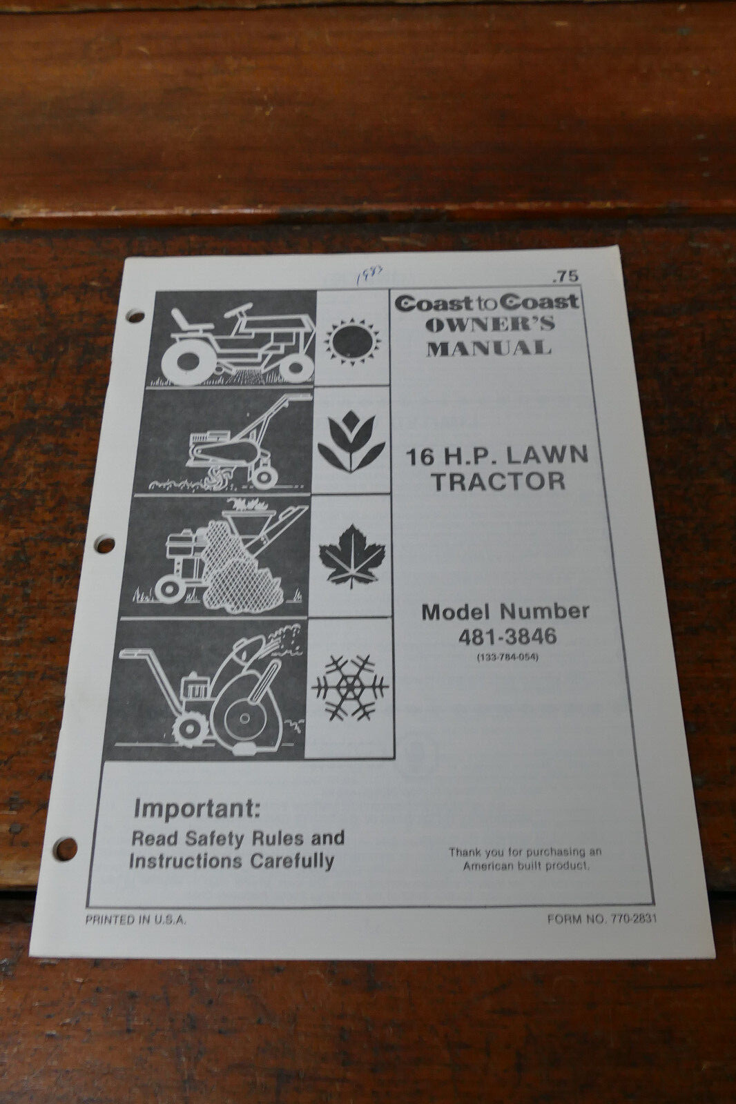 1983 Coast to Coast Owner&rsquo;s Manual 16 H.P. Lawn Tractor Model # 481-3846