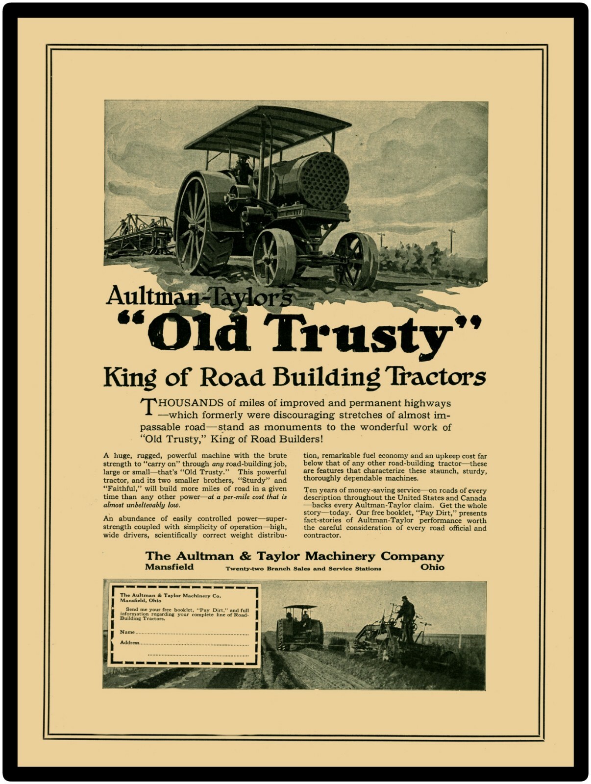 1922 Aultman Taylor Road Building Tractor « Old Trusty » Reproduction Metal Sign