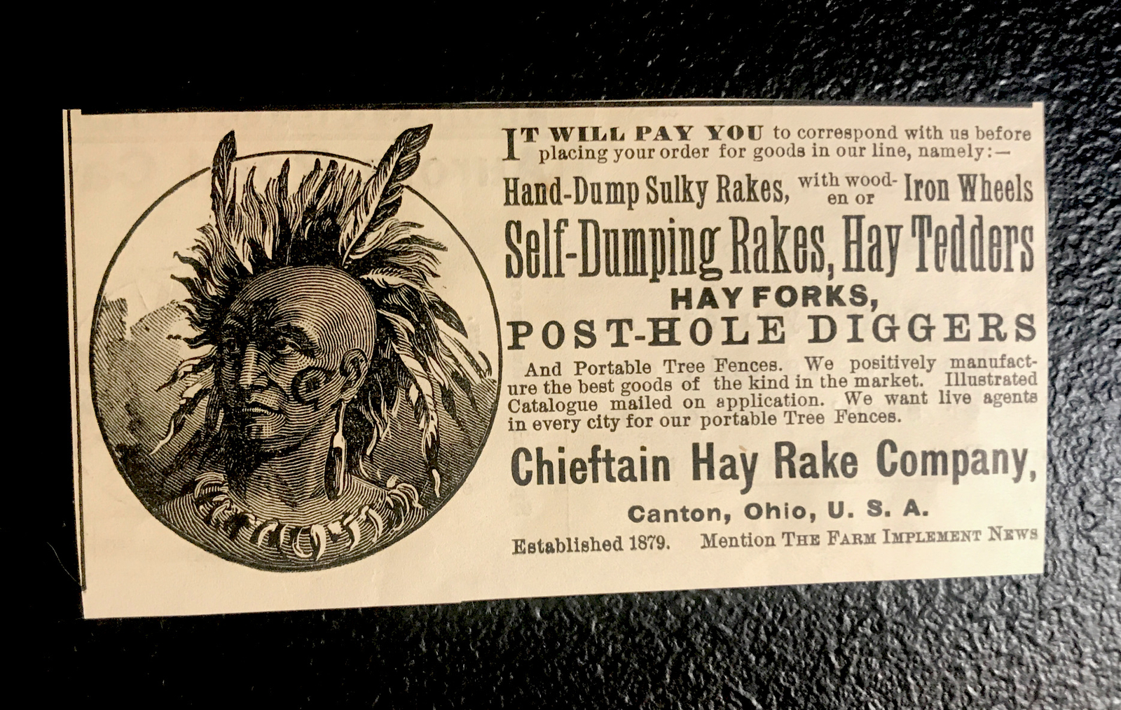 1886 Chieftain Hay Rake Co. Farm Machinery Advertising – Canton – Ohio – Indian