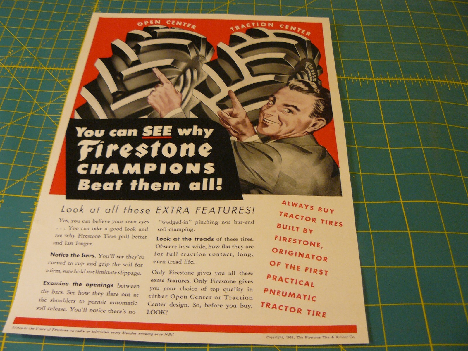The FARM QUARTERLY -AD-SPRING 1951- FIRESTONE TRACTOR TIRES- CURVED TO GRAB SOIL