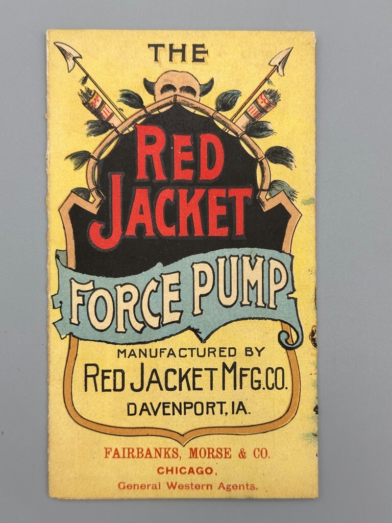 1880s RED JACKET FORCE PUMP Fairbanks Morse Farm Advertise Trade Card DAVENPORT