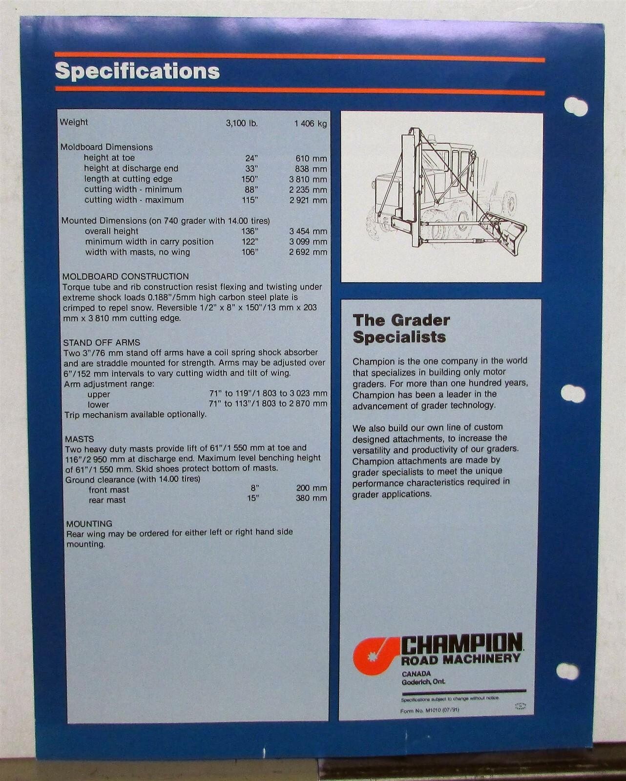 1992 Champion Rear Mounted Snow Wing Specifications Construction Sale Data Sheet