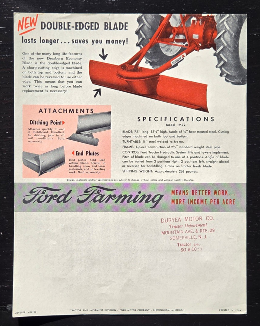 1959 FORD TRACTOR DEARBORN FARM EQUIPMENT ECONOMY BLADE SALES ADVERTISEMENT