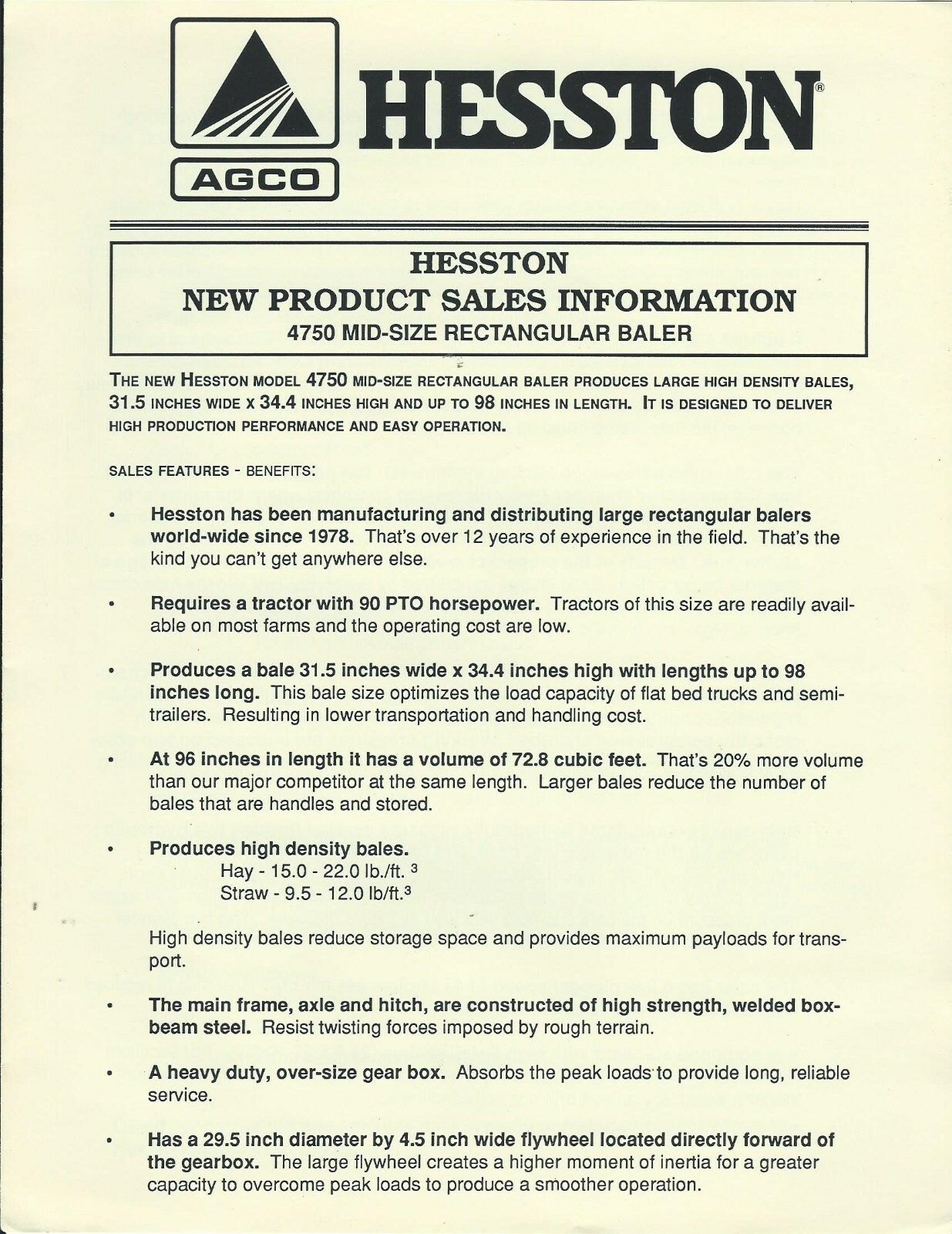 Farm Equipment Brochure – Hesston – 4750 – Rectangular Baler – 1991 (F7086)