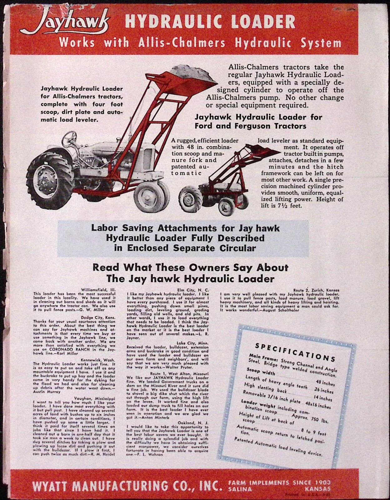 1953 Jayhawk Hydraulic Loader Brochure Wyatt Manufacturing Co Inc Salina KS