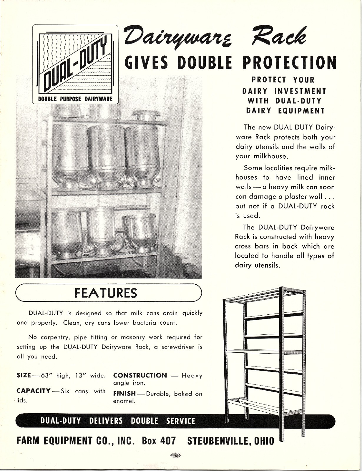 1930s STEUBENVILLE OHIO DUAL-DUTY DAIRYWARE RACK FARMING ADVERTISING FLYER Z7046
