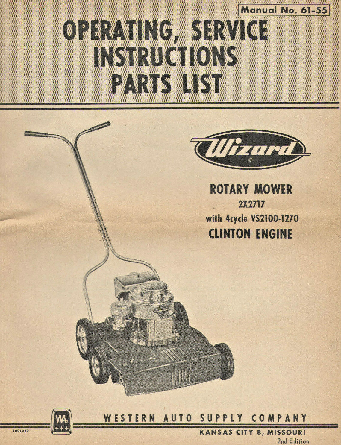 VTG 1955 WESTERN AUTO &lsquo;WIZARD&rsquo; LAWN MOWER INSTRUCTIONS/PARTS LIST/CLINTON ENGINE