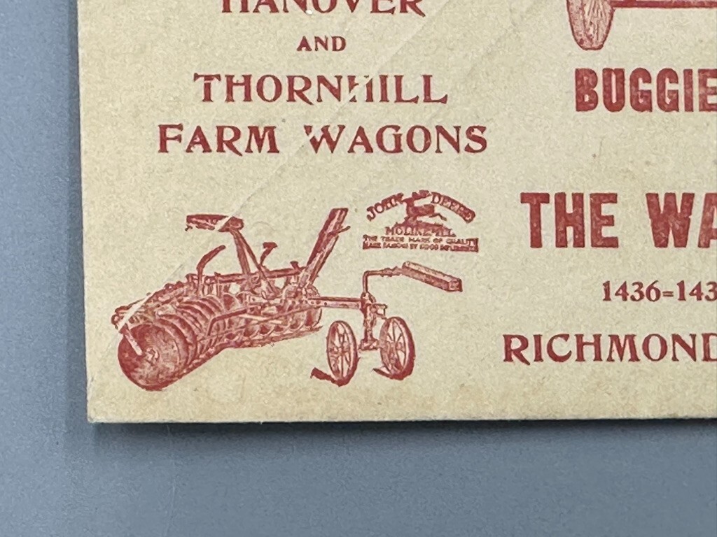 1917 JOHN DEERE Postal Cover HANOVER WAGON Farm Advertise WATT PLOW Richmond VA