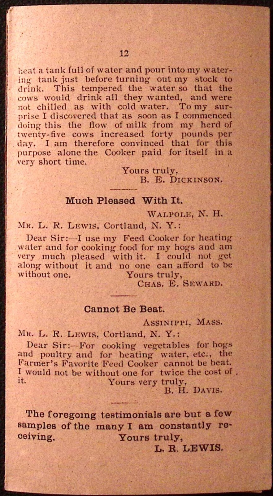Farmers Favorite Feed Cooker Testimonial Brochure c1920s Cortland NY 3.25 x 6&Prime;