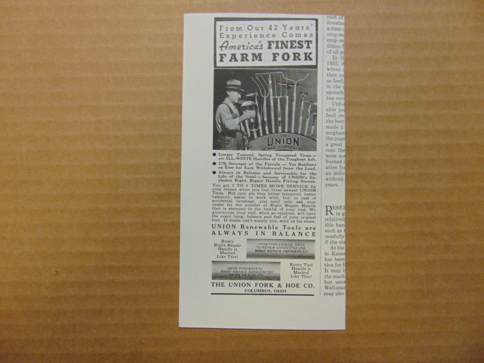 1938 Finest Farm Fork Union Fork & Hoe Co. art print ad