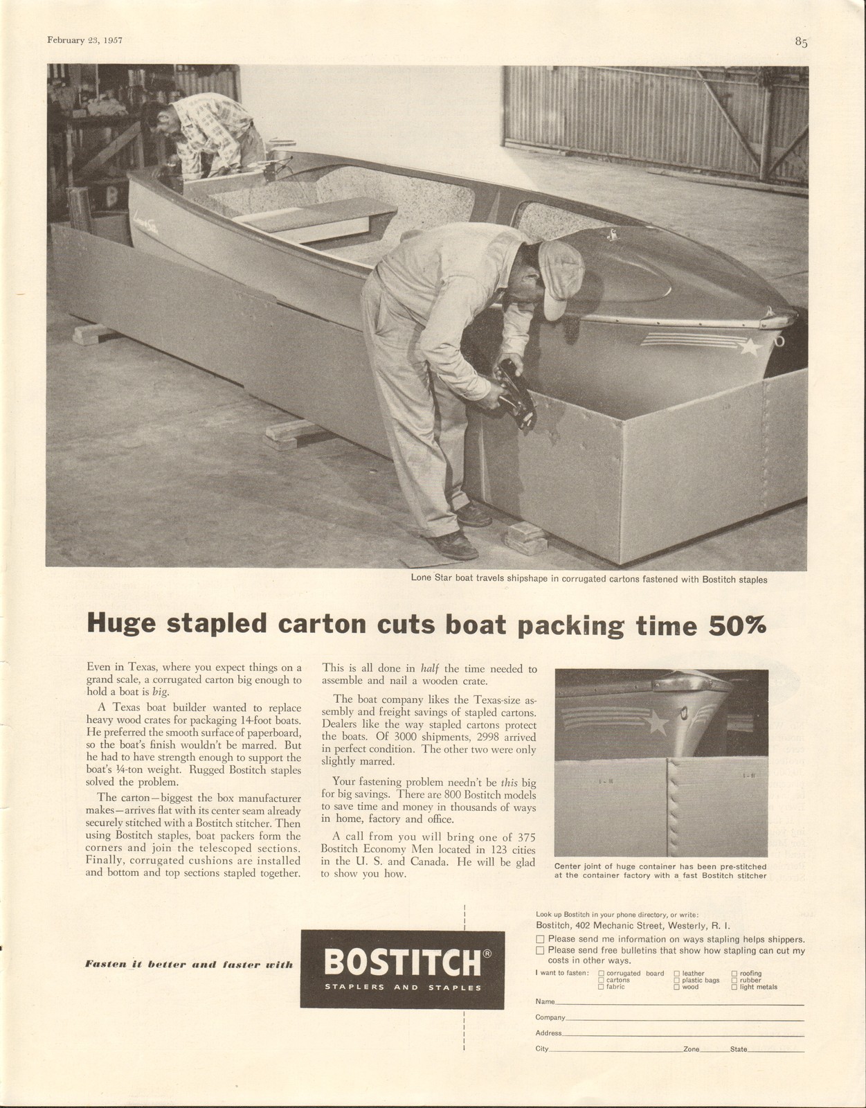 1957 Bostitch Staples Westerly RI LARGE Print Ad at Texas Lone Star Boats