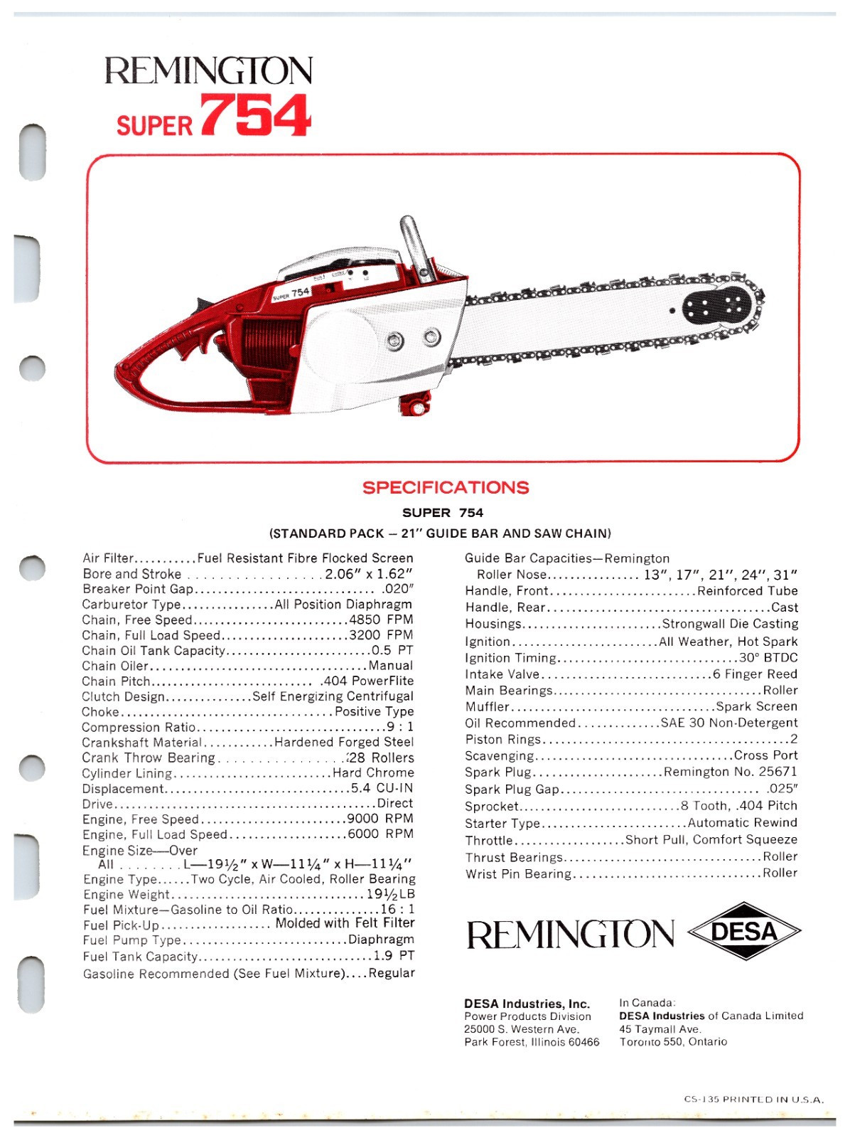 Vintage Original Remington Chainsaws Sales Sheet (Model Super 754) Info Sheet