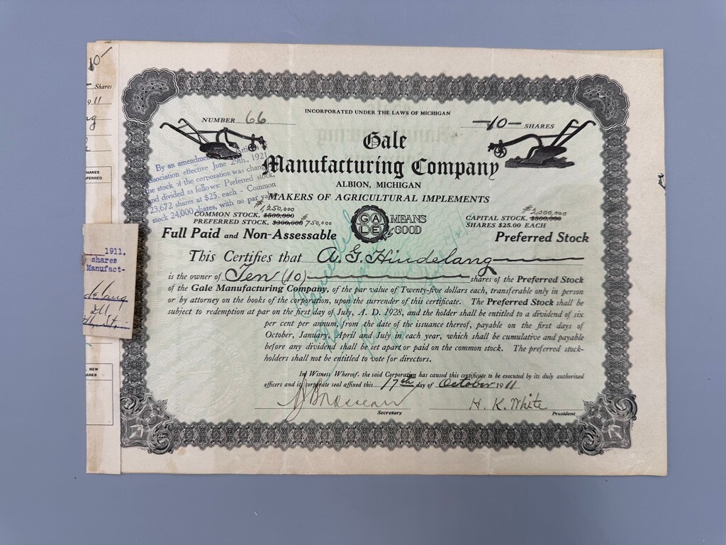 1911 GALE Mfg Co CHILLED PLOW Farm STOCK CERTIFICATE Advertising ALBION MICHIGAN