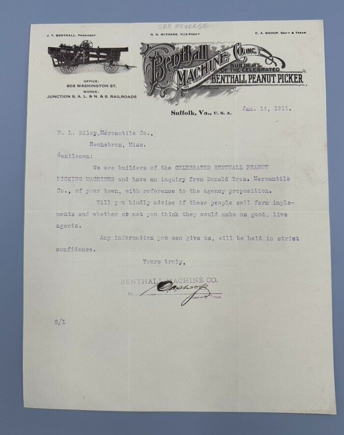 1911 BENTHALL PEANUT PICKER Machinery FARM Advertising Letter SUFFOLK Virginia