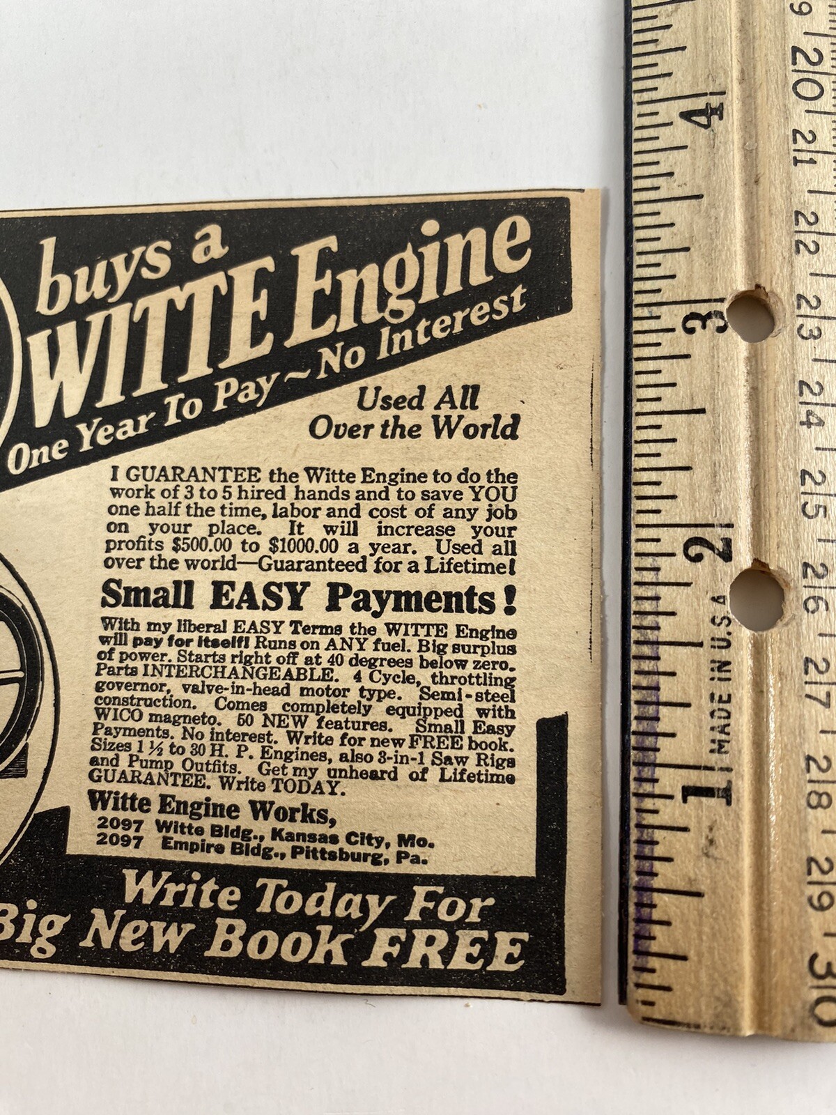 1927 Witte Engine Works $5 Vintage Magazine Print Ad Old 20’s Farm Job Equipment