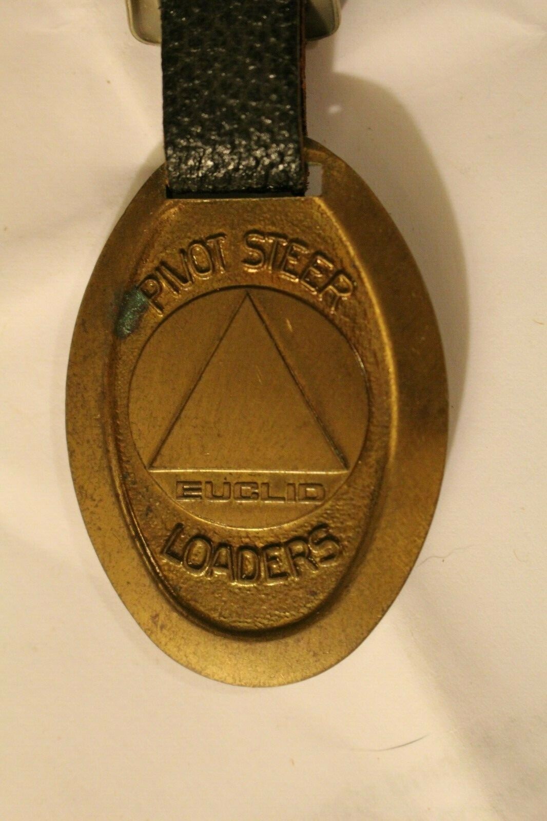 Vintage Brass Euclid Pivot Steer Loaders Key Fob/Black Leather Strap
