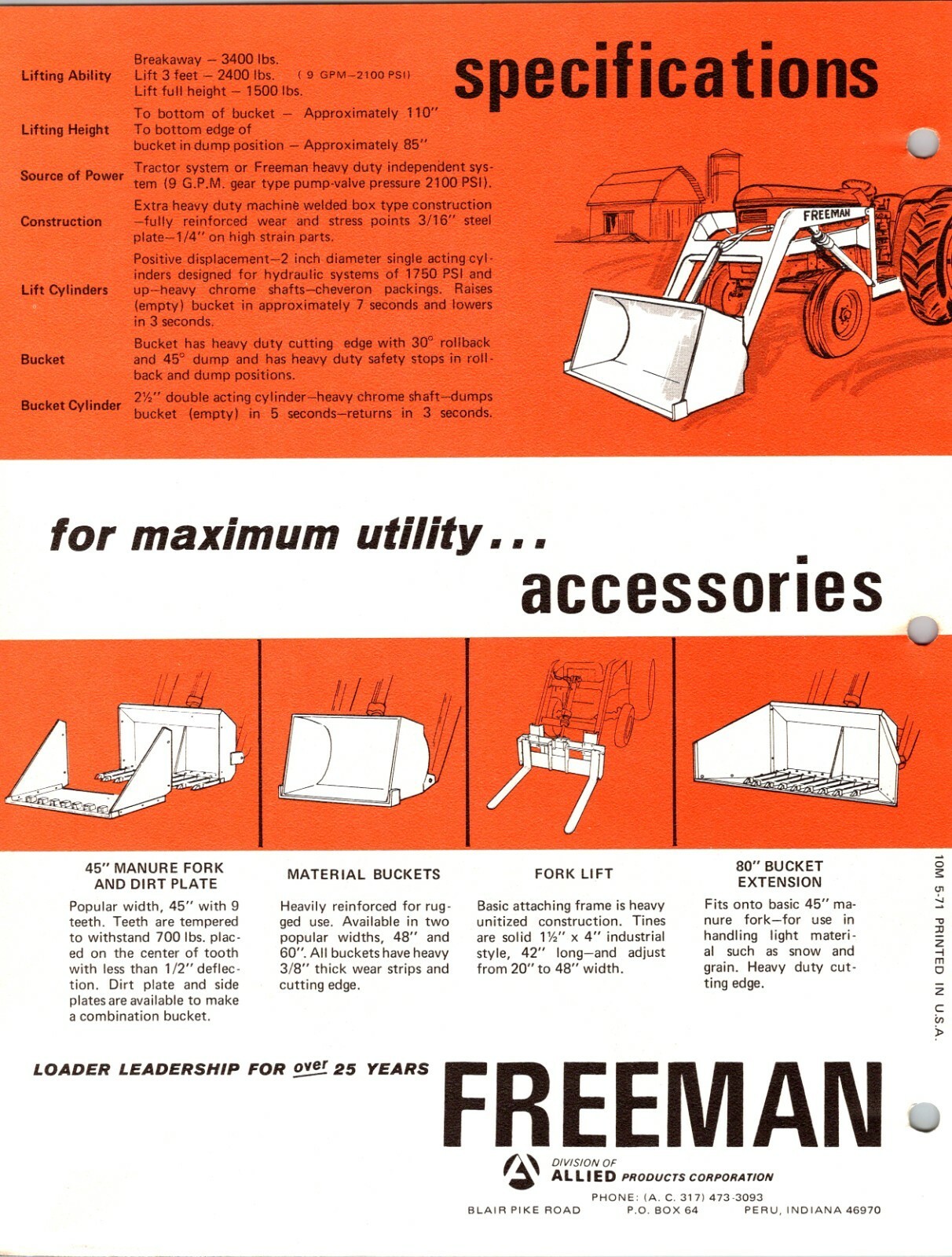 One(1) Freeman Series 3000 Loader Tractor Dealer Sales Specs Flyer Brochure