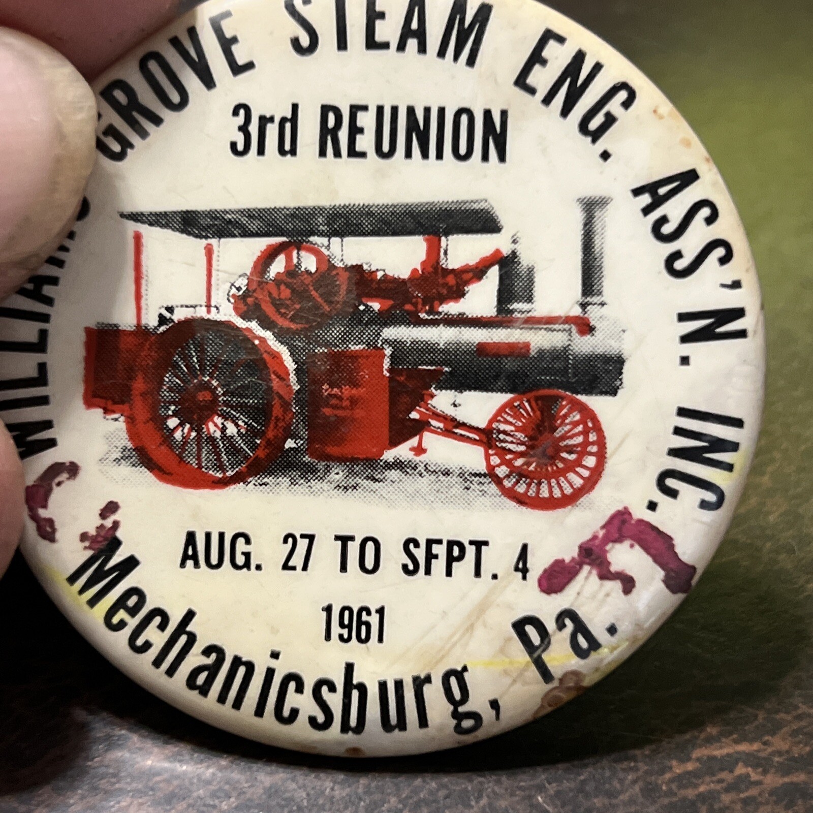 Vintage 1961 Williams Grove Steam Engine 3rd Reunion 1961 pinback button