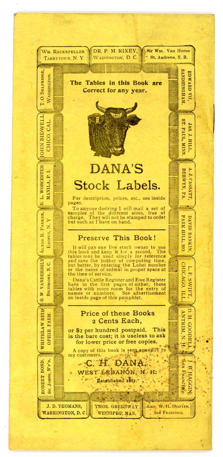 Dana&rsquo;s Stock Labels & Breeder Memorandum C H Dana West Lebanon New Hampshire
