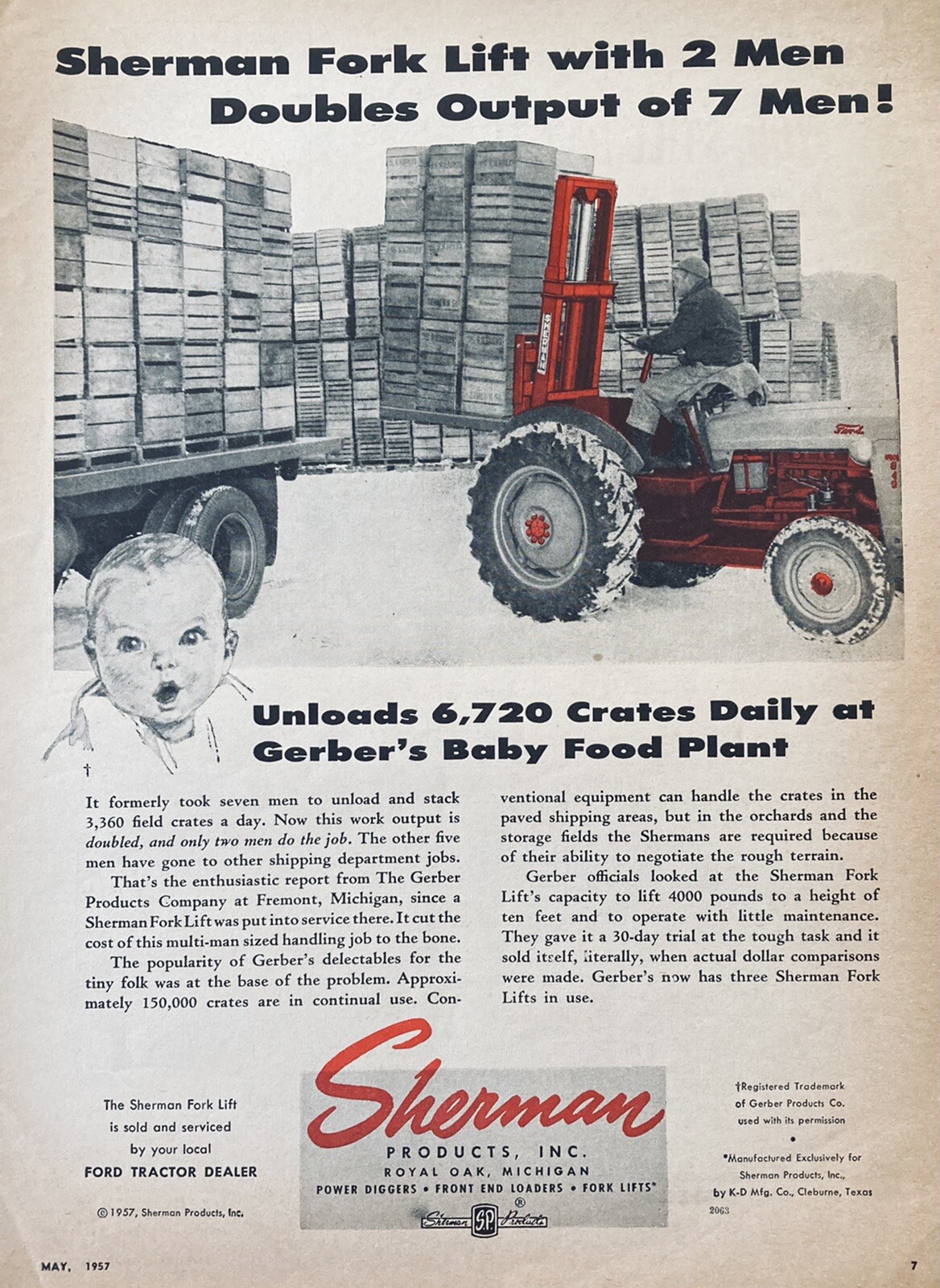 1957 AD.(XG14)~SHERMAN PRODUCTS, INC. ROYAL OAK, MI. SHERMAN FORK LIFT ON FORD