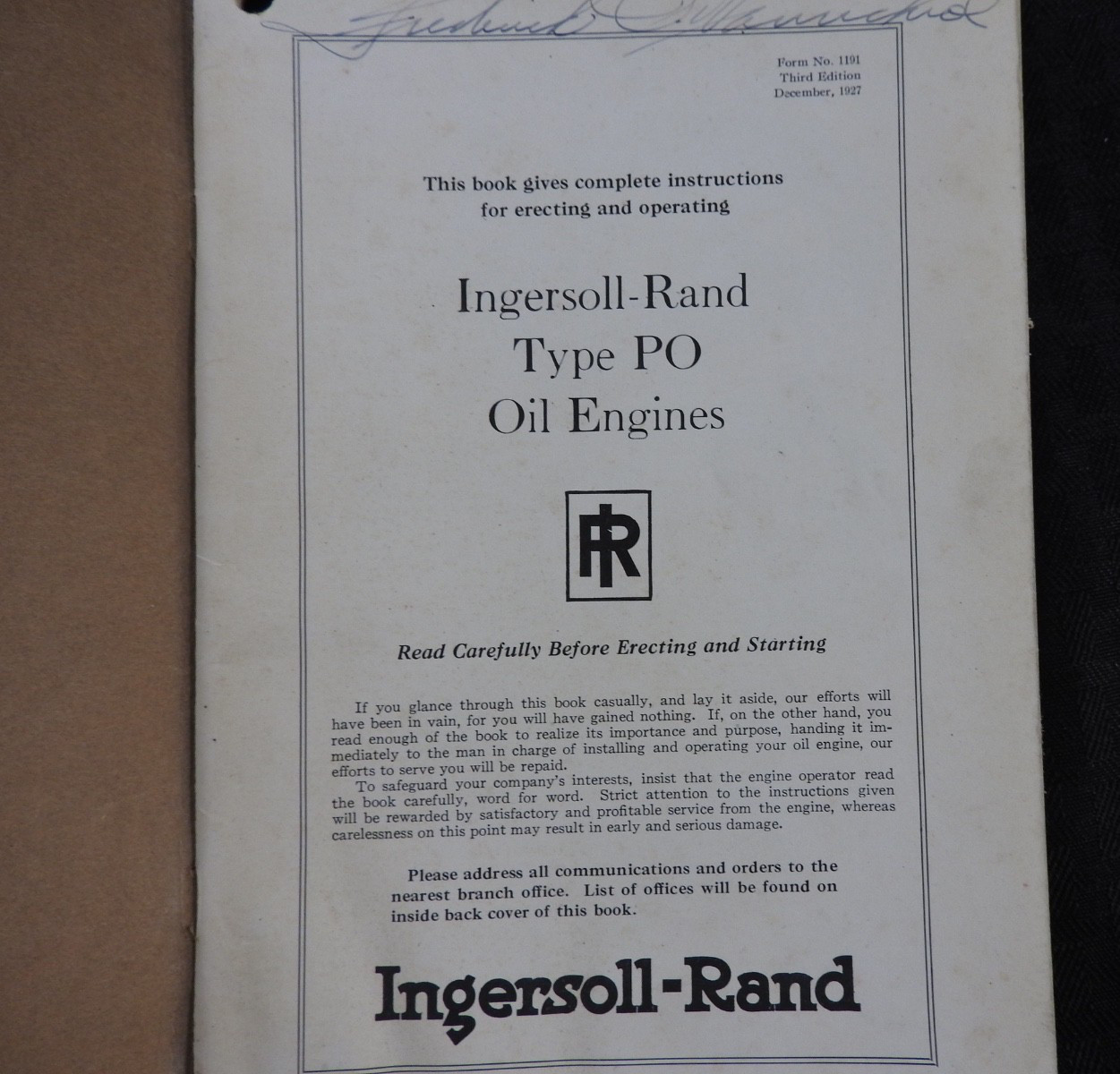1927 Ingersoll-Rand « TYPE PO » Hit-N-Miss Oil Engines Operators Manual ORIGINAL!