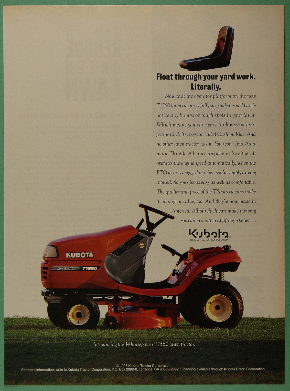Kubota T1560 Lawn Tractor Mower Cushion Ride Vintage Print Ad 1996
