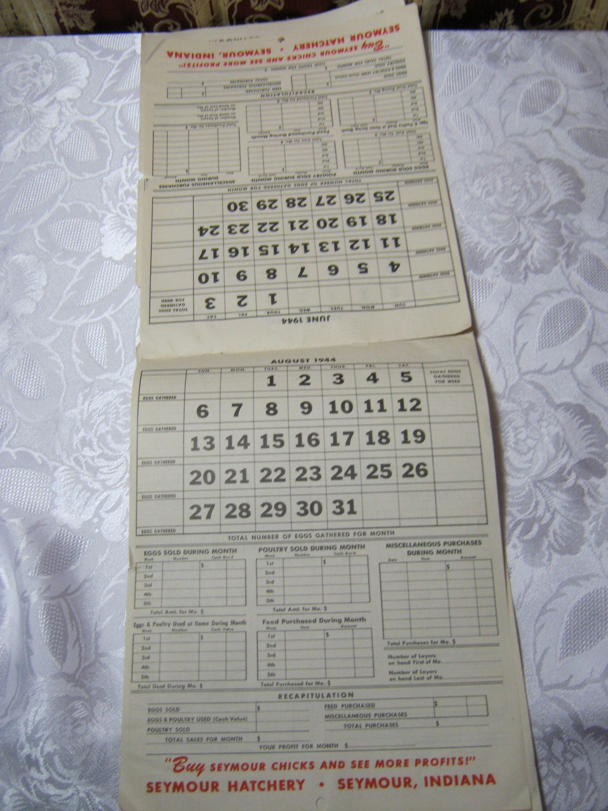 SEYMOUR CHICKS 1944 PROFIT RECORD 1940&rsquo;S VIntage Farming Adv Brochure Calendar