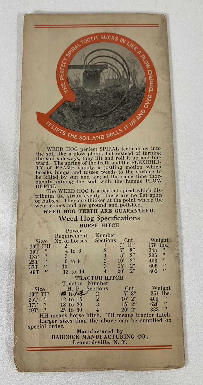 VINTAGE WEED HOG Pamphlet Fold Out Rock Island ILL Plow Co Advertising Harrow