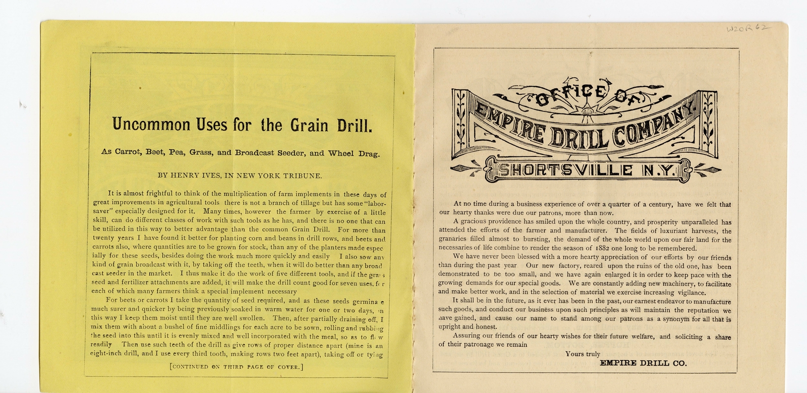 1883 EMPIRE DRILL for Grain, Farming & Fertilizing Promotional Booklet, Catalog