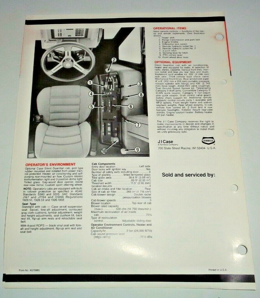 J I Case 2096 Tractor Specifications Sales Brochure Literature AG76985 specs